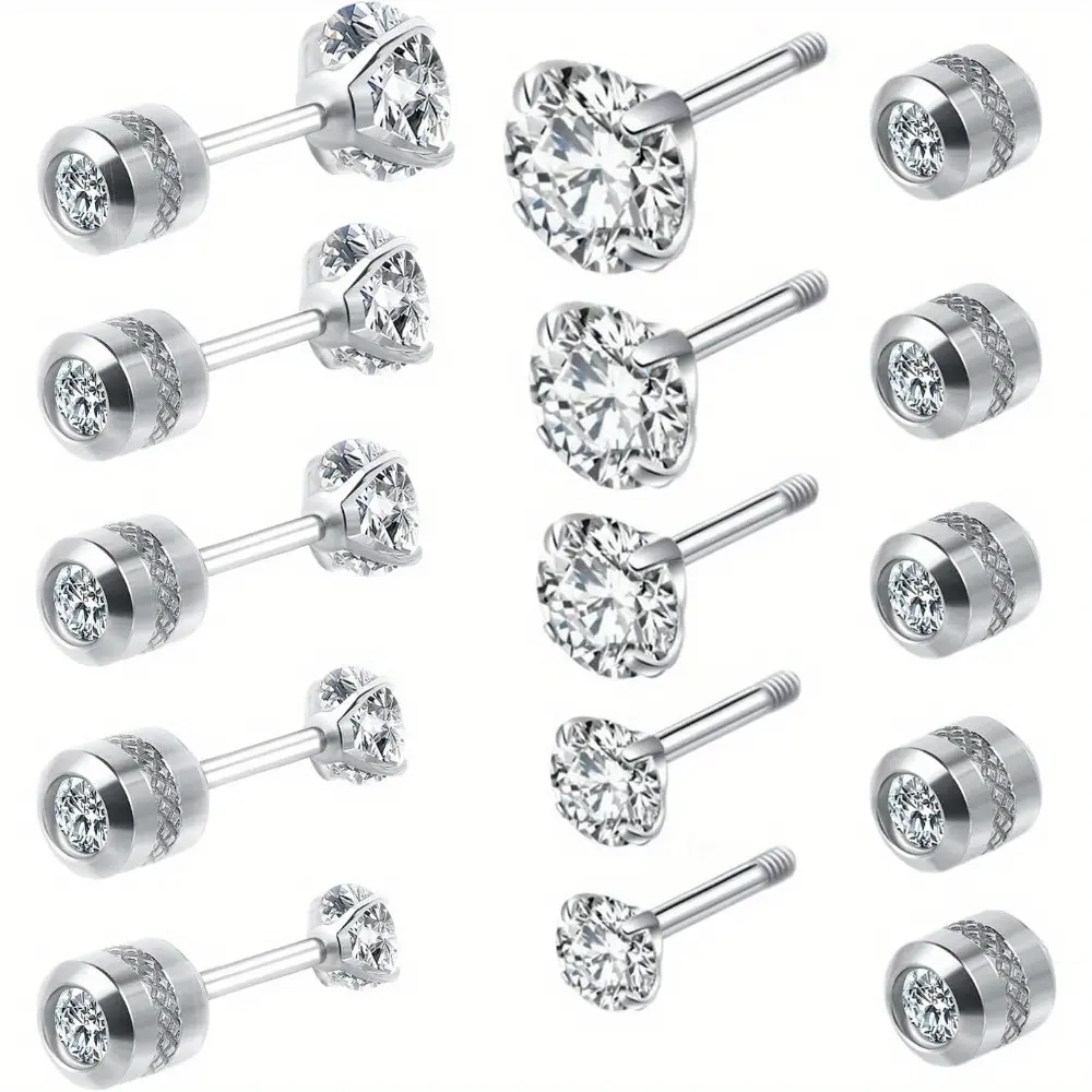 Women's 5pcs Stainless Steel Screw Back Earrings Set - Sensitive Ears Friendly, Double-Sided Round Cubic Zirconia, Disc, Cube Design, Flatback Styles For Men, Disc Stud Earrings, Cube Design Earrings