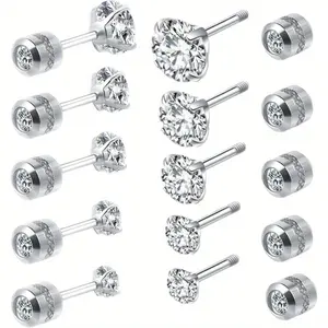 5pcs Screw Back Stud Earrings Set For Sensitive Ears, Stainless Steel Double Sided Round Cubic Zirconia Earrings For Women Men