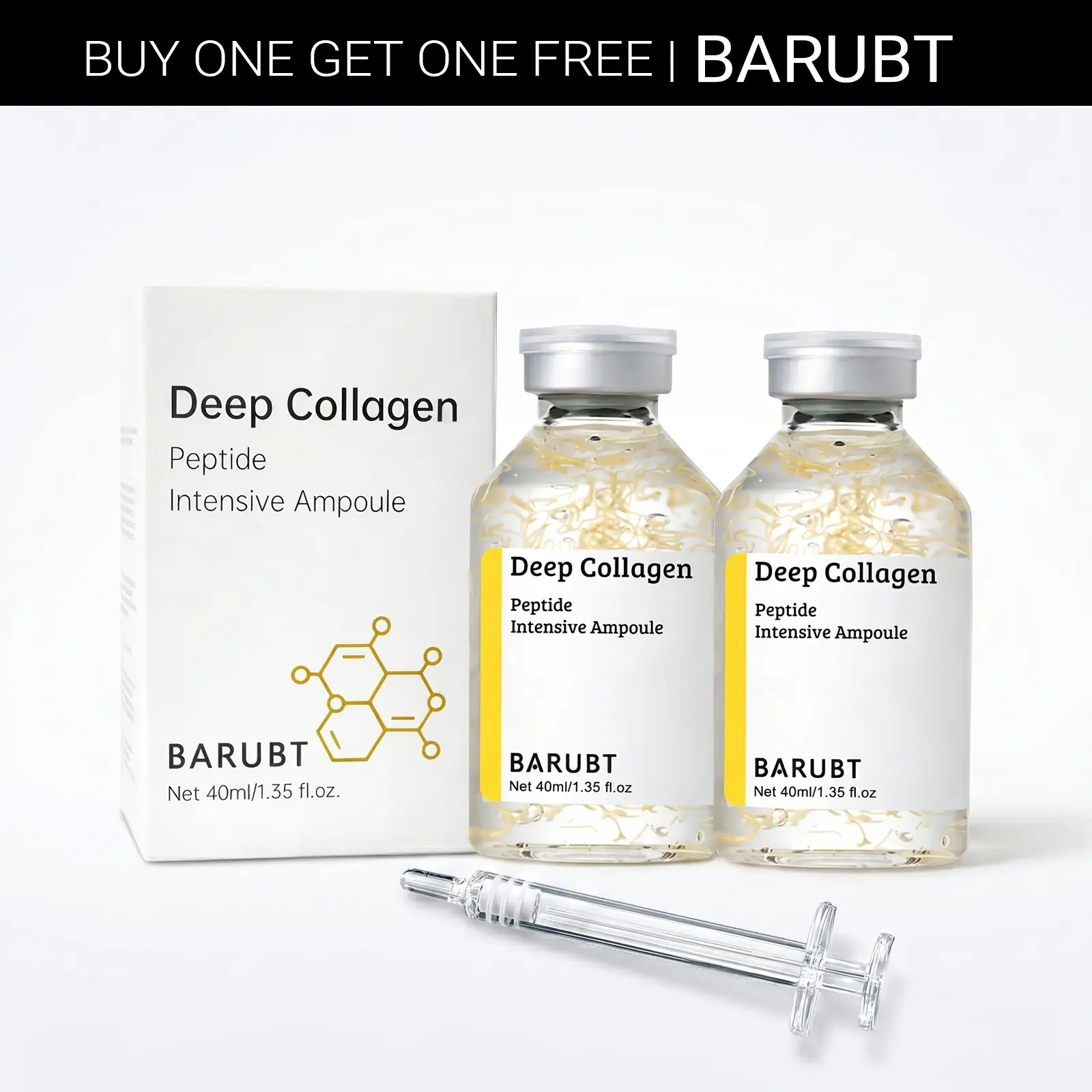 【BARUBT】2 Bottles Intensive Deep Collagen Blend Ampoule Syringe Liquid Serum (40ml) - Anti Aging Facial Essence with Hyaluronic Acid, Amino Acid, Skin Repair, Hydration, Syringe Delivery, Patch Test First, Mother's Day Gift, Nourishing, Smoothening, Multi