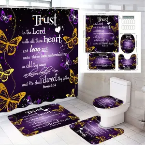 1/4pcs Christian Bible Verse Shower Curtain Set - Proverbs 3:5-6 Purple Gold Butterfly Design, Waterproof Bathroom Curtain, Bathroom Accessory, Bath Mat Toilet Seat Cover Rug 4-Piece Restroom Bathroom Decor