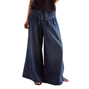 Chouyatou Women's Loose Wide-Leg Jeans Mid-Rise Elastic Waist Drawstring Flared Pleated Ruffle Button Jeans for Comfortable Stylish Wear Pants