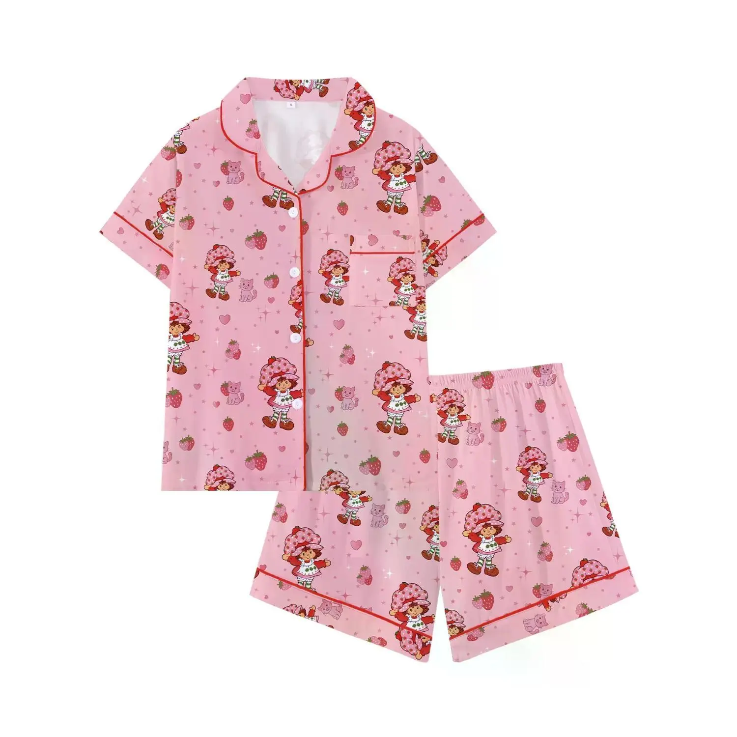 Women's Adorable Strawberry & Cat Cartoon Print Pajama Set, Short Sleeve Open-Front Two-Piece Lounge Wear, Perfect Gift Sleepwear