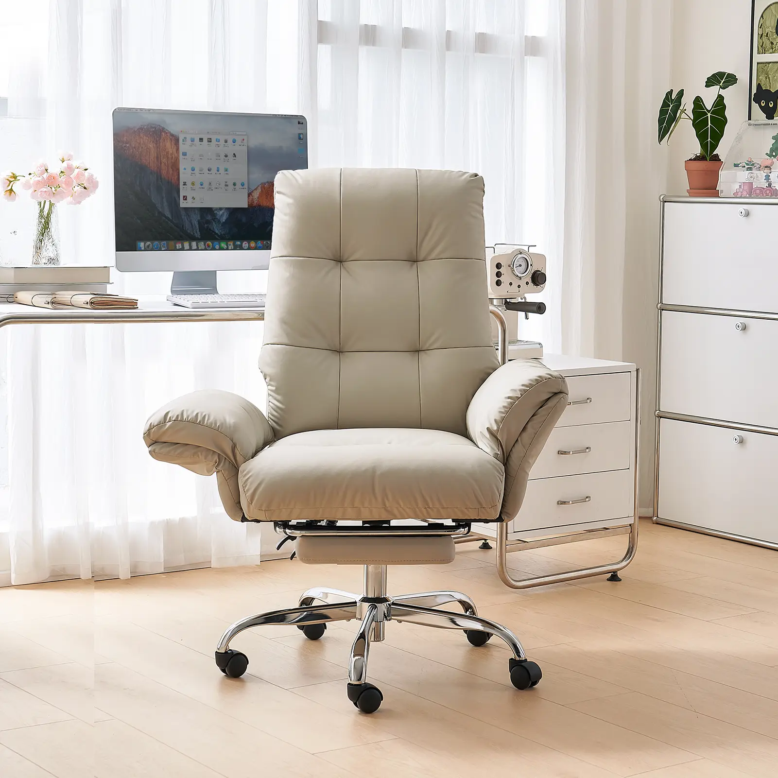 EMIAH Modern Executive Ergonomic Adjustable Office Chair - PU Leather Desk Chair with Removable Footrest, Flip Armrests, High-Back Recline & Specialty Design for Work, Study