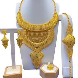 Elegant Matching 4-Piece Gold Plated Bridal Jewelry Set - Arabic Statement Fringe Choker Necklace, Drop Earrings, Bracelet, Ring for Evening Wedding, Henna Parties