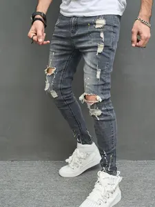 Men's Ink Splash Print Ripped Knee Slim Skinny Jeans, Fashion Casual Pocket Design Graphic Denim Pants for Daily Outdoor Wear, Mens Bottoms for All Seasons, Cotton, Menswear, Streetwear, Ripped Distressed Denim
