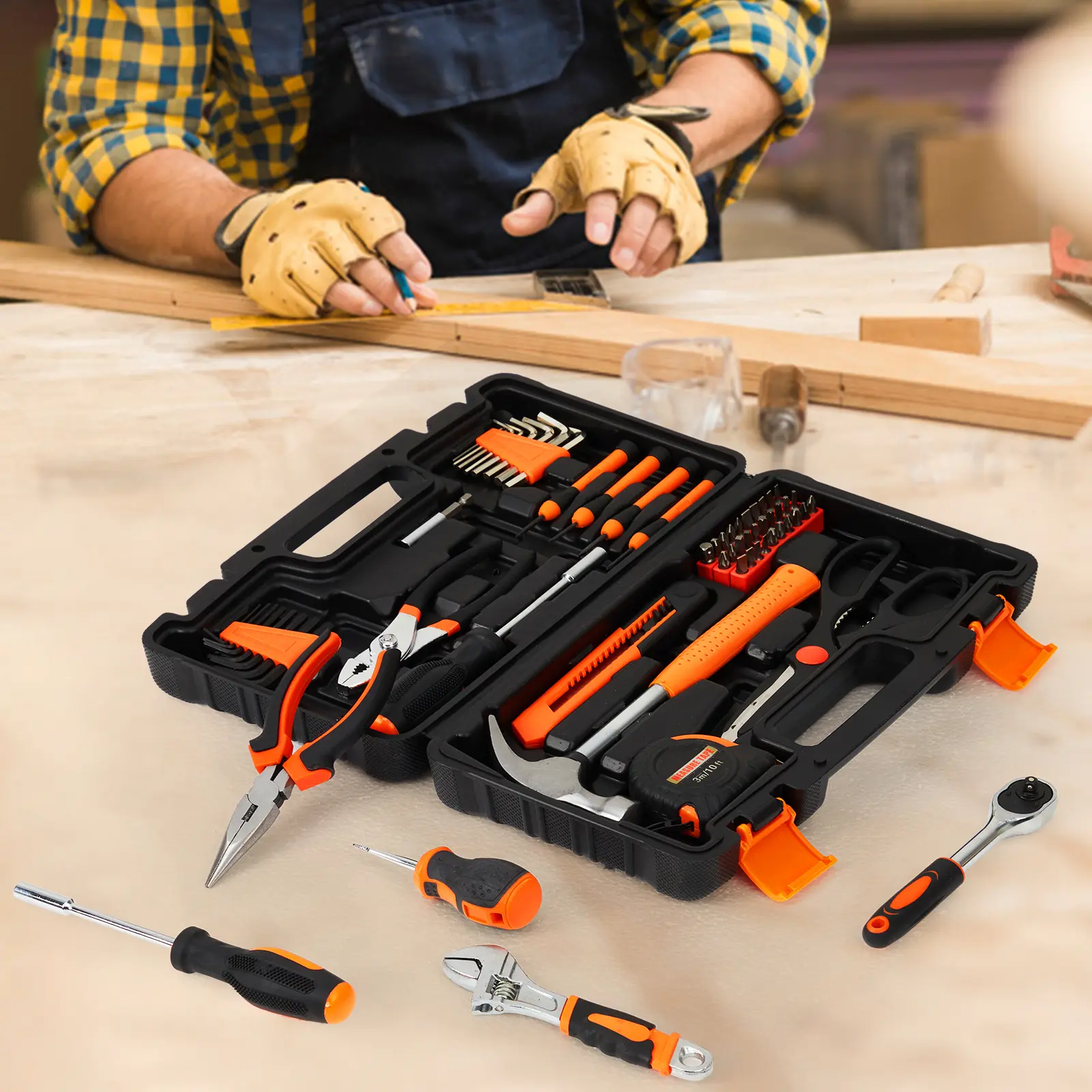 57 Piece Professional Tool Set with Portable Toolbox, Industrial Hand Tools Kit for Home, Automotive, Carpentry and Electrical Repairs