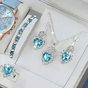 European and American water droplet heart-shaped jewelry three piece set necklace earrings ring diamond pendant