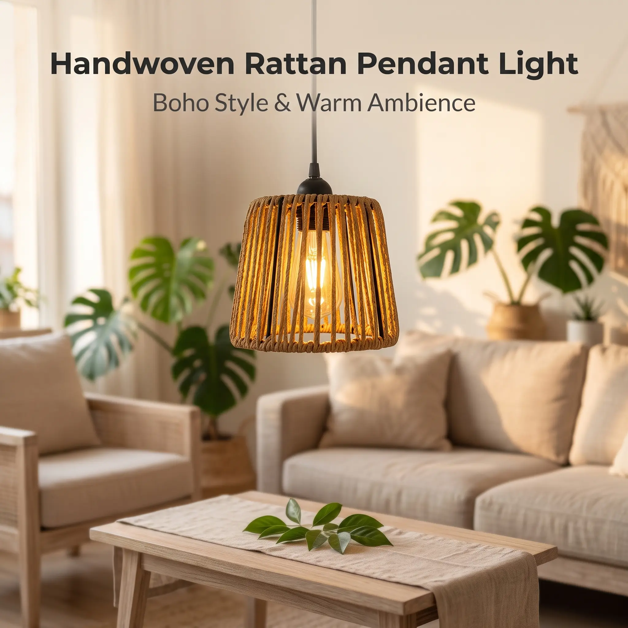 Rattan LED Pendant Light, Hand-woven Wicker Hanging Ceiling Lamp, Vintage Boho Style Lighting Fixture, Decorative LED Chandelier for Kitchen Island Dining Room Cafe Patio Indoor Outdoor Home Decor