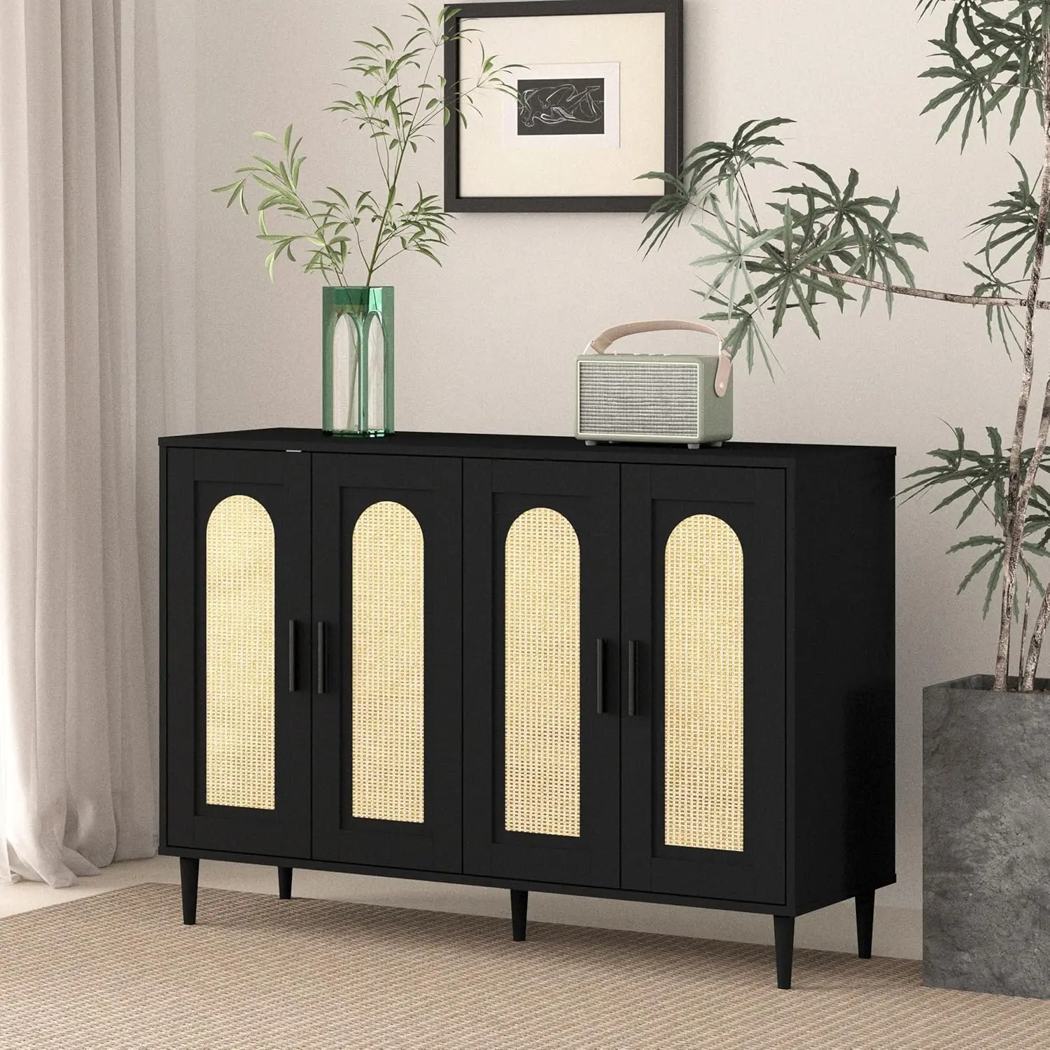 48.3in Sturdy Rattan Weave Sideboard Buffet Cabinet - Boho Farmhouse Indoor Cupboard with 4 Sliding Doors, Adjustable Shelf for Kitchen, Living Room, Garden