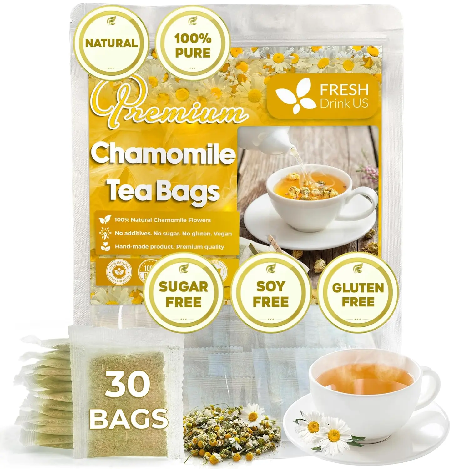 FreshDrinkUS, Chamomile Tea, 100% Natural and Pure Chamomile Flowers, Eco-conscious Tea Bags. Chamomile Flower Herbal Tea. No Sugar, No Caffeine, No Gluten, Vegan - Beverage