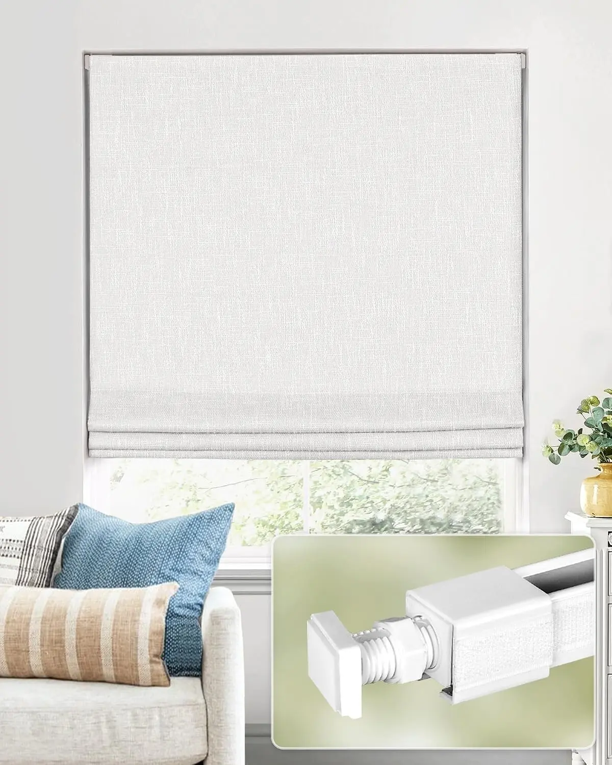 100% Blackout Cordless Roman Shades - No Tools, No Drill Installation, Indoor Window Covering for 34" W × 64" H Windows, White, 34X64"