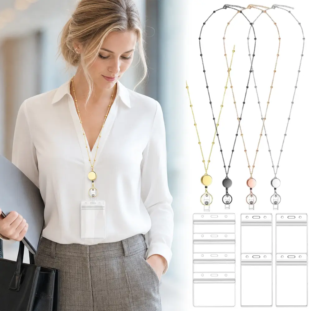 4Pcs Stainless Steel Beaded Lanyards with Retractable Reels & 8 ID Holders - 33.5 in Lanyards, 13.5 in Reels, Waterproof Vertical & Horizontal Holders for Home Improvement Building Supplies Wallpaper & Wall Trim, Lanyard