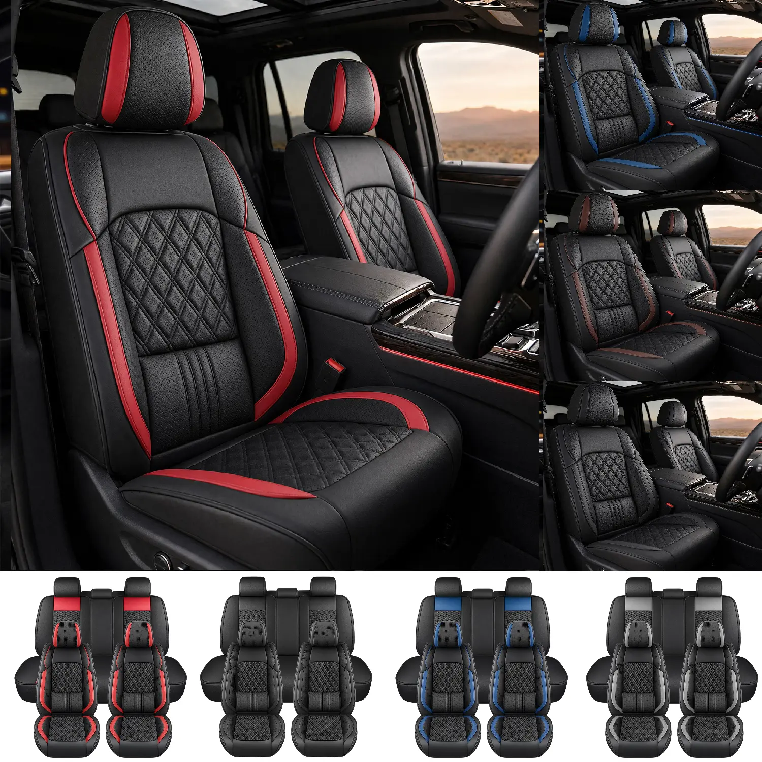 Car Seat Covers Fit For Toyota Tacoma/Dodge RAM /Chevy Silverado/ GMC Sierra/Ford F-150 /Toyota Tundra /Nissan Frontier Truck Crew Double Extended Cab TRD Truck Airbag Compatible Car Cushions,Truck Car Interior Accessories Decoration ﻿(Full Set/Black-Red)