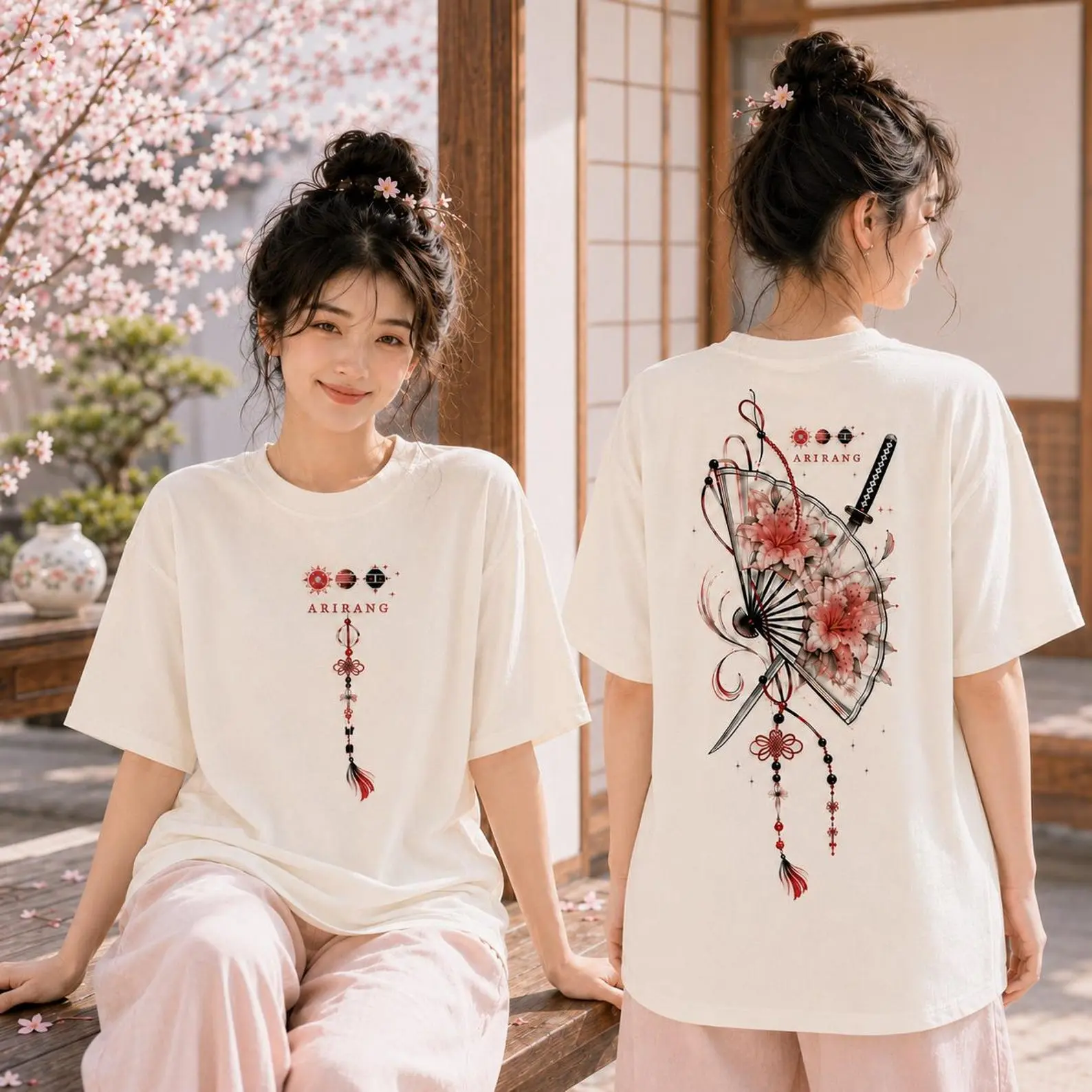Arirang Floral Folding Fan Shirt | Two Sided Pink Blossom Sword Tee, Korean Art K-Pop Concert Outfit, Army Fan Gift, White Tour Top