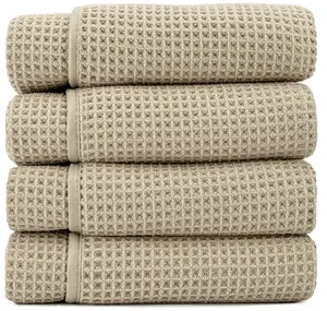 AURA by S&T INC. Waffle Bath Towels, 4 Pack, 30x60 Inches, Tan, Absorbent Microfiber, Satin Trim, Child-Friendly, Versatile for Bathroom & Pool
