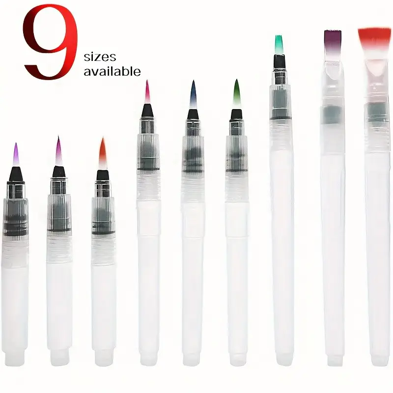 9-Piece Water-Storage Calligraphy Brushes, Visible Brush Body, Ideal for Beginners, Easy-To-Use Solid Pigment Paintbrushes, Calligraphy Brush Set, Art Supplies
