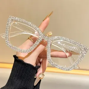 Fashion big frame diamond inlaid high sense cat eye with high strength PC frame anti-blue light anti-fatigue reading glasses, Square Eyed Glasses, the best choice for reading office gift.
