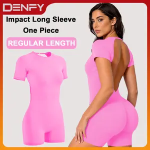 DENFY [REGULAR LENGTH] Impact Short Sleeve One Piece Women Soft Padded Bralette Tummy Control Butt Lifting Gym Workout Yoga One Piece Activewear
