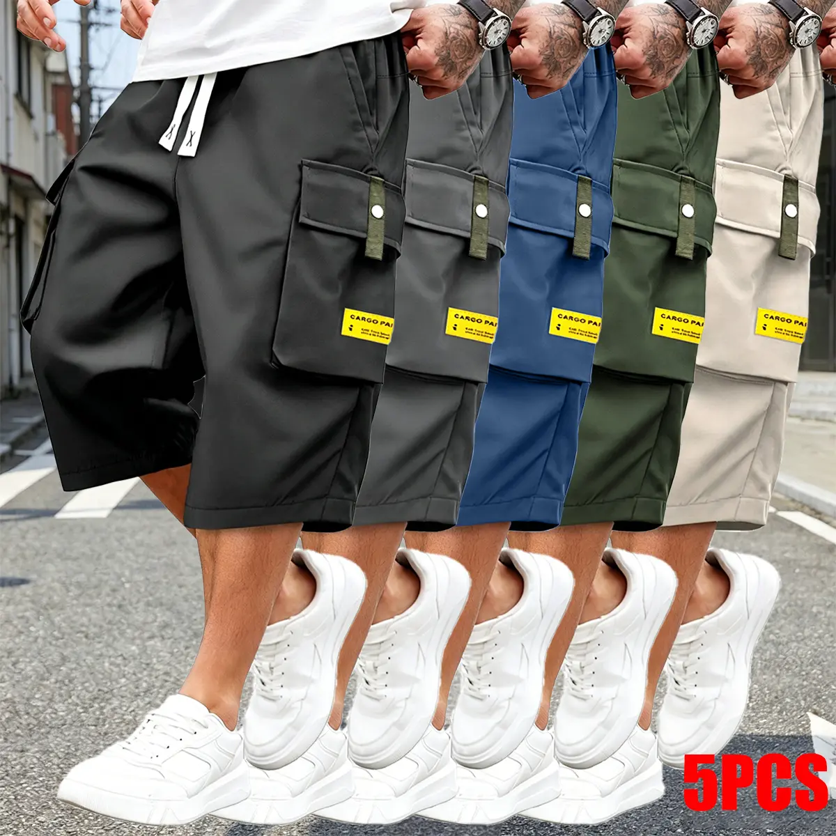 Set of 5 men’s cargo shorts — each includes multiple practical multifunctional pockets, suitable for everyday wear and outdoor activities; summer menswear, men’s shorts, summer shorts,summervibes