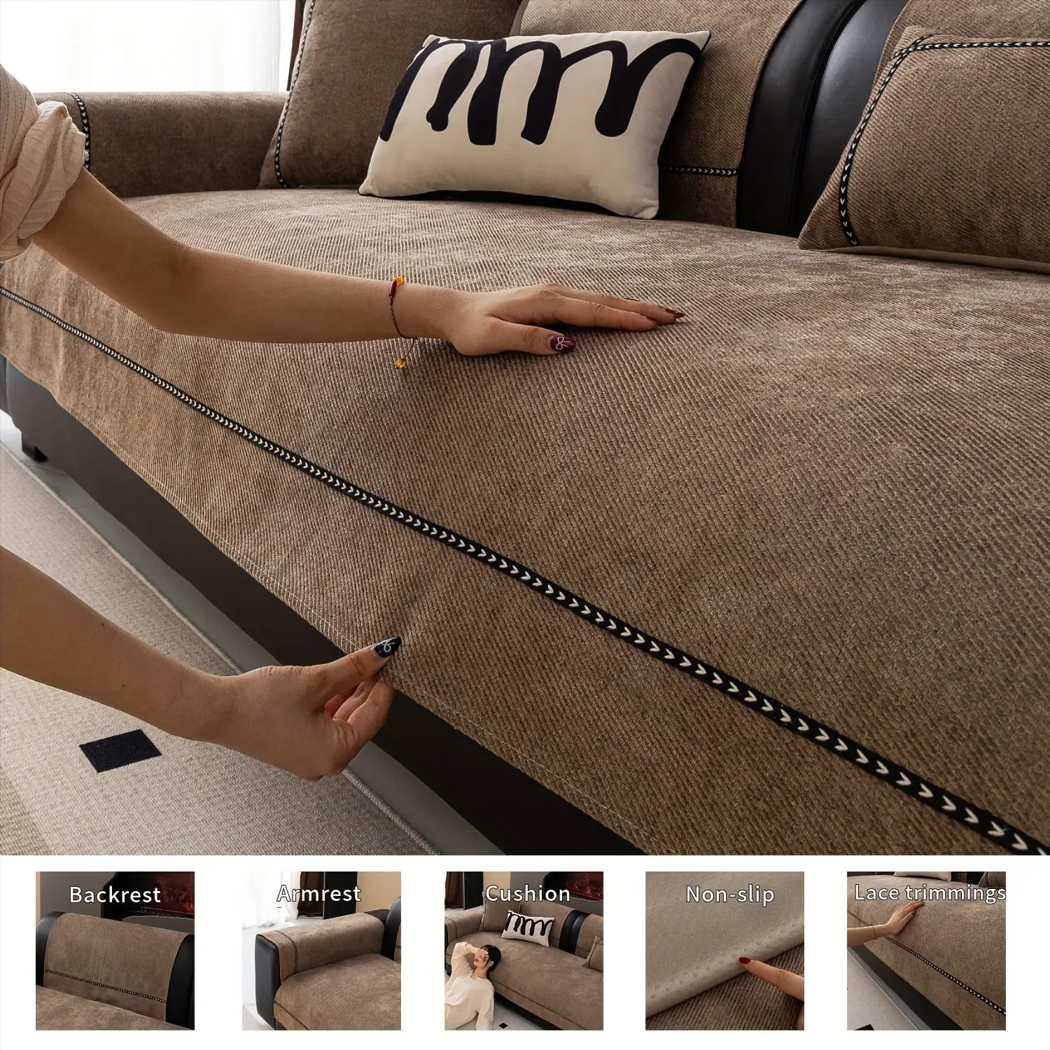 1pc Herringbone Textured Decorative Sofa Cover with Contrast Piping, Non-Slip Thickened Couch Protector, Machine Washable, Fits Single to Large Sectional Sofas for Living Room Decor, Sofa Couch Covers, Washable Couch Slipcover