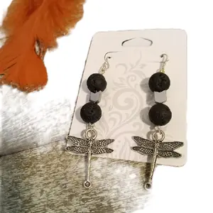 Silvertone Dragonfly Earrings with Black Lava Beads - Elegant Design Featuring Dragonfly Charms and Lava Beads