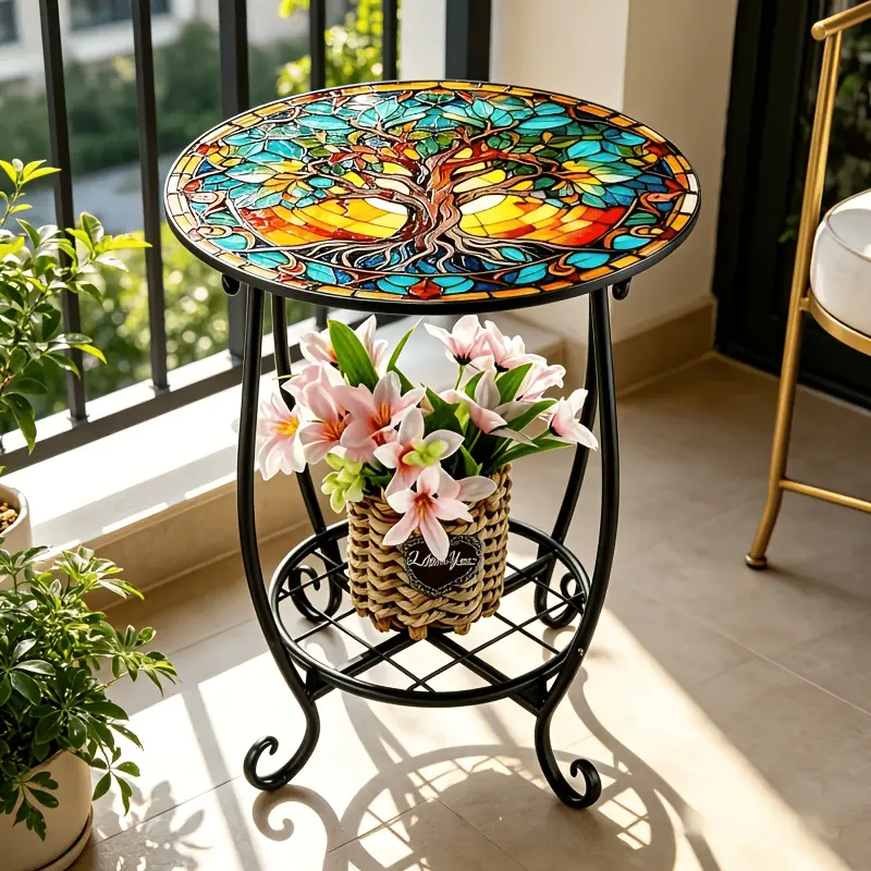 14-inch Vintage Mosaic Round Tree of Life Side Table - Iron Frame Outdoor/Indoor End Table, Iron Plant Stand for Patio, Living Room