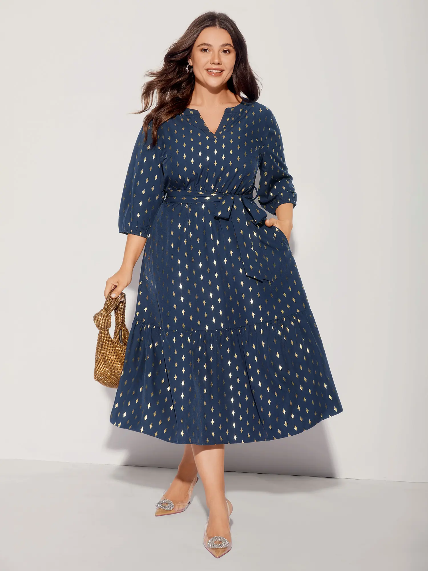 BLOOMCHIC Women's Belted Wrap Polka Dot Dress - Indigo Geometric Print, V-Neck, Glitter Notched Elbow-Length Lantern Sleeves, Gathered Waist, Pocket, Polyester Fabric, Shape-Retaining Midi Casual Wear Clothes for Party,Summer, Flattering Fit, Belted Wrap,