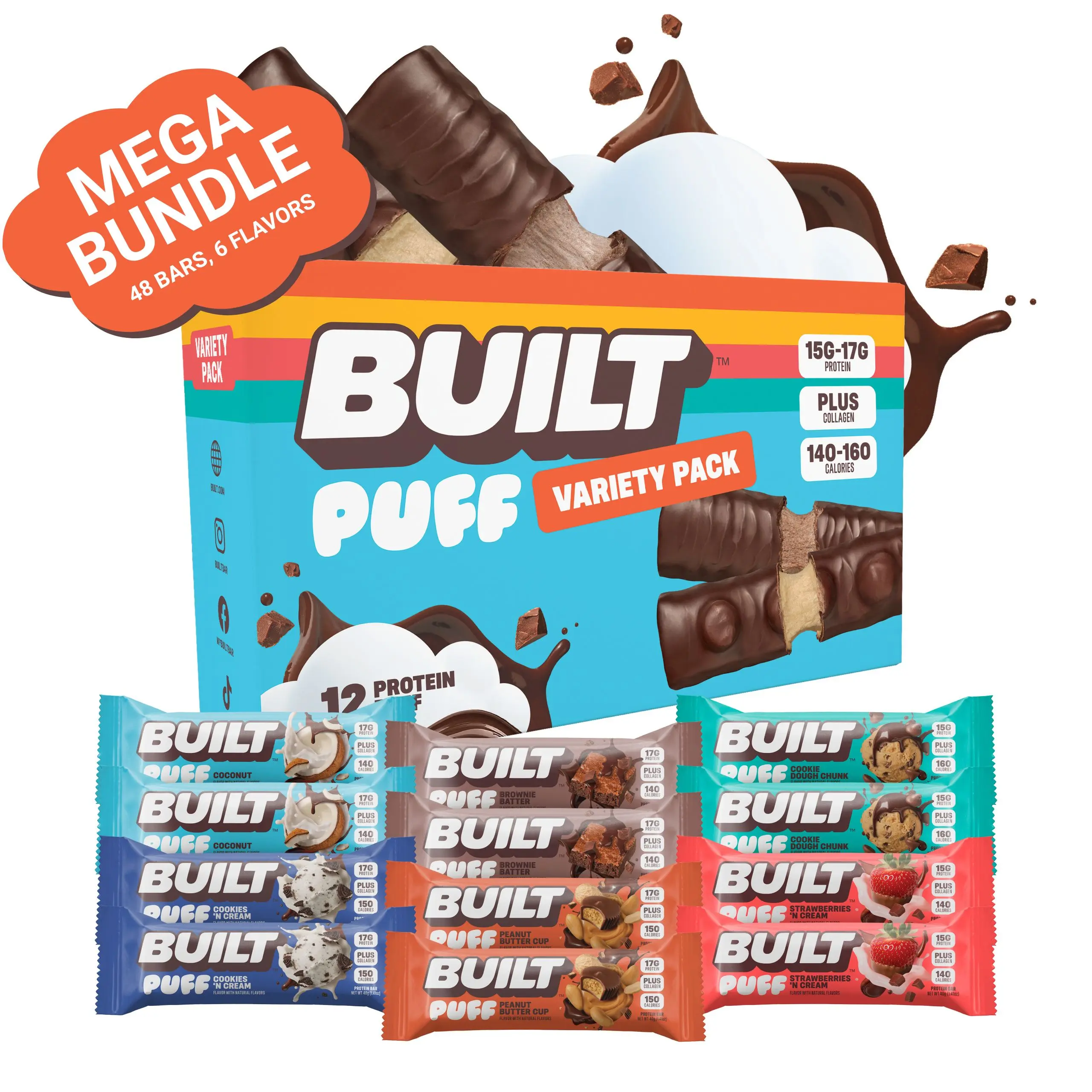 Official BUILT Bar, Mega Bundle, Variety Flavor Party Puff Pack (48 bars, 6 flavors, 4packs of 12)
