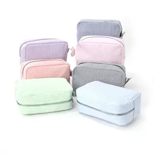 Cosmetic Bags for Women, Seersucker Cosmetic Bag, Travel Toiletry Stripe Makeup Bag, Large Women Aesthetic Organizer Storage Pouch, Girls Handbags Purses  makeup  bag