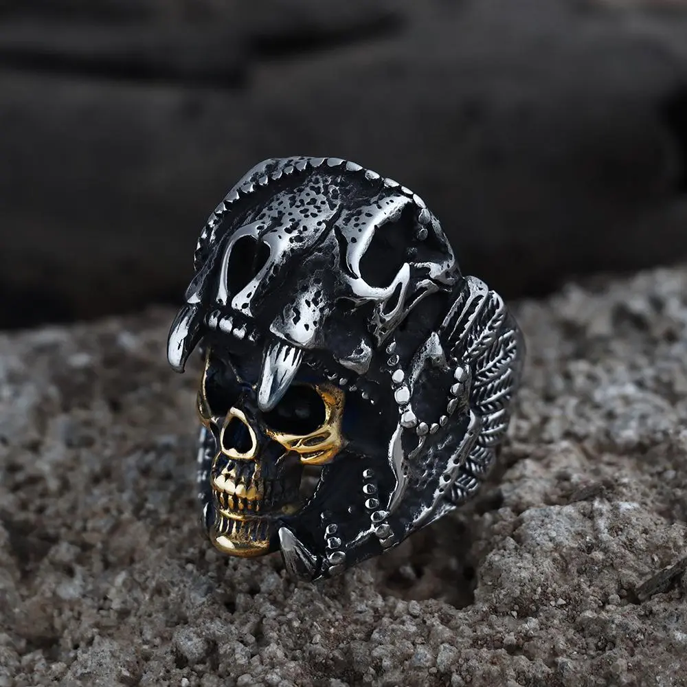 Aztec Jaguar Warrior Stainless Steel Skull Ring for Men Punk Ring Birthday Gift Size 7-13