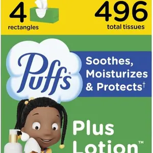 Puffs Plus Lotion Soft Facial Tissues, 4 Family Boxes, 124 Tissues per Box