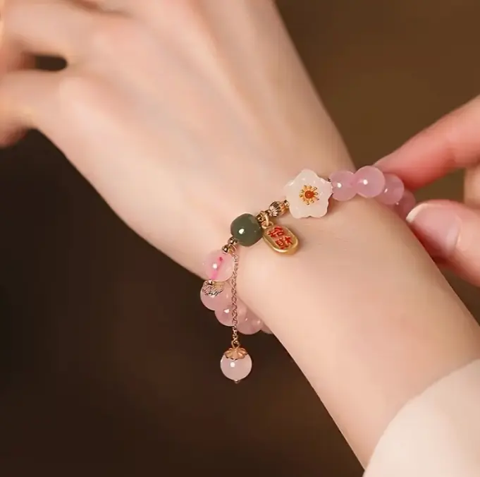 Stylish Pink Cherry Blossom Glass Bracelet | Fashionable Beaded Wristband for Women | Ideal as a Birthday Gift