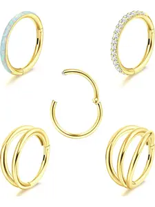 5 Pcs Golden Deluxe Nose Cartilage Piercing Set for Women Men Unisex Hinged Clicker Rings Premium Stainless Steel with Stunning CZ Opal Exquisite Compact Hoop with Fine Inlay Craft Unique Taste Lightweight for Long-time Wear Multipurpose Wearable Design