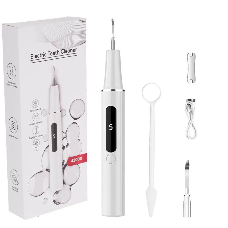 Ultrasonic Teeth Cleaner Kit for Plaque Removal, Tartar Remover Tool with 5 Settings, Safe on Gums, IPX6 Waterproof & USB-Rechargeable with Mirror, Setting