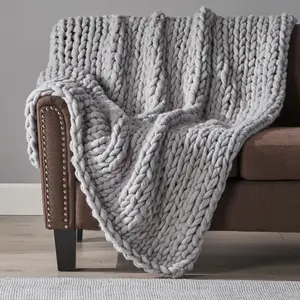 KWPZQEB Chunky Knit Blanket Throw, Soft Plush Blanket 50x60'', Handmade Thick Cable Knit Crochet Blanket,Rope Knot Throw Blanket for Couch, Light Gray