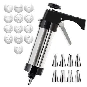 Cookie Press Gun Kit，13-piece Stainless Steel Biscuit Maker with 13 Decorating Discs & 8 Piping Tips, Durable Butter Cookie Shooter for DIY Biscuits