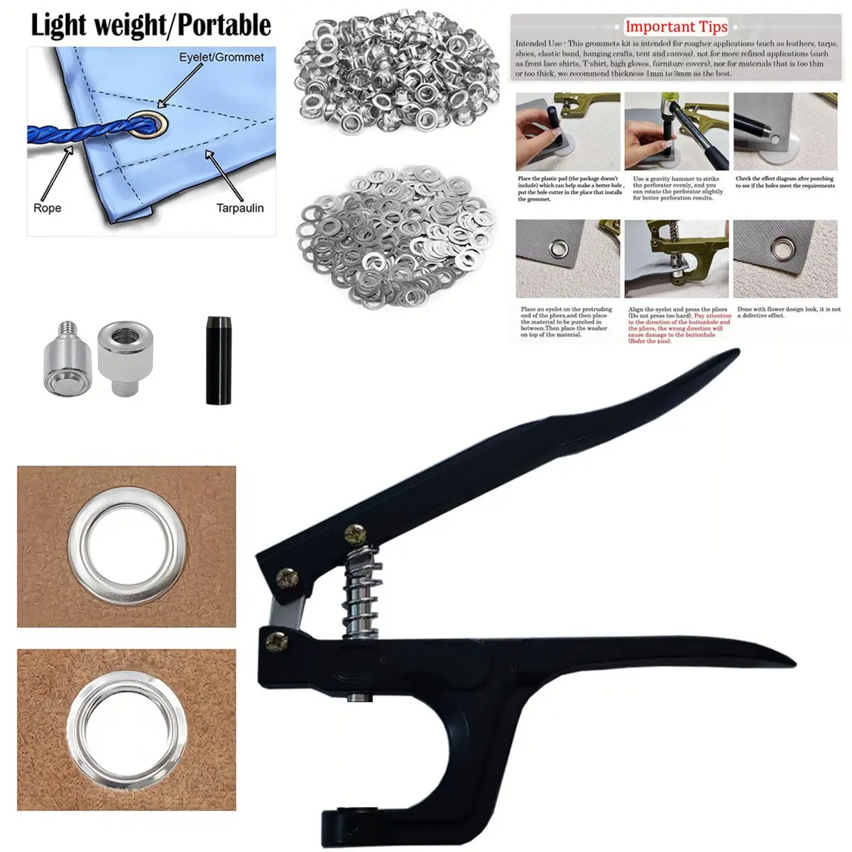 Jewelry Making Tool Eyelet Tool Set, Multiple Sizes Punches 4/5/6/8/10/12mm, 200 Eyelets, DIY Waterproof Fabric, Leather, Tent, Canvas Buttons
