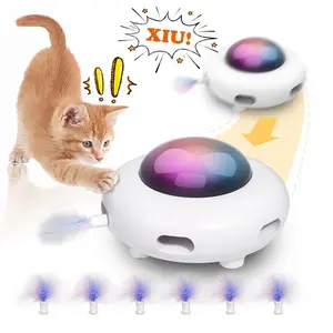 "Mobile Cat Toy，Electric Cat Toys for Moving Concealed Feathers，USB Charge Automatic Kitten Toys,White，double the fuun for your cat -UFO"