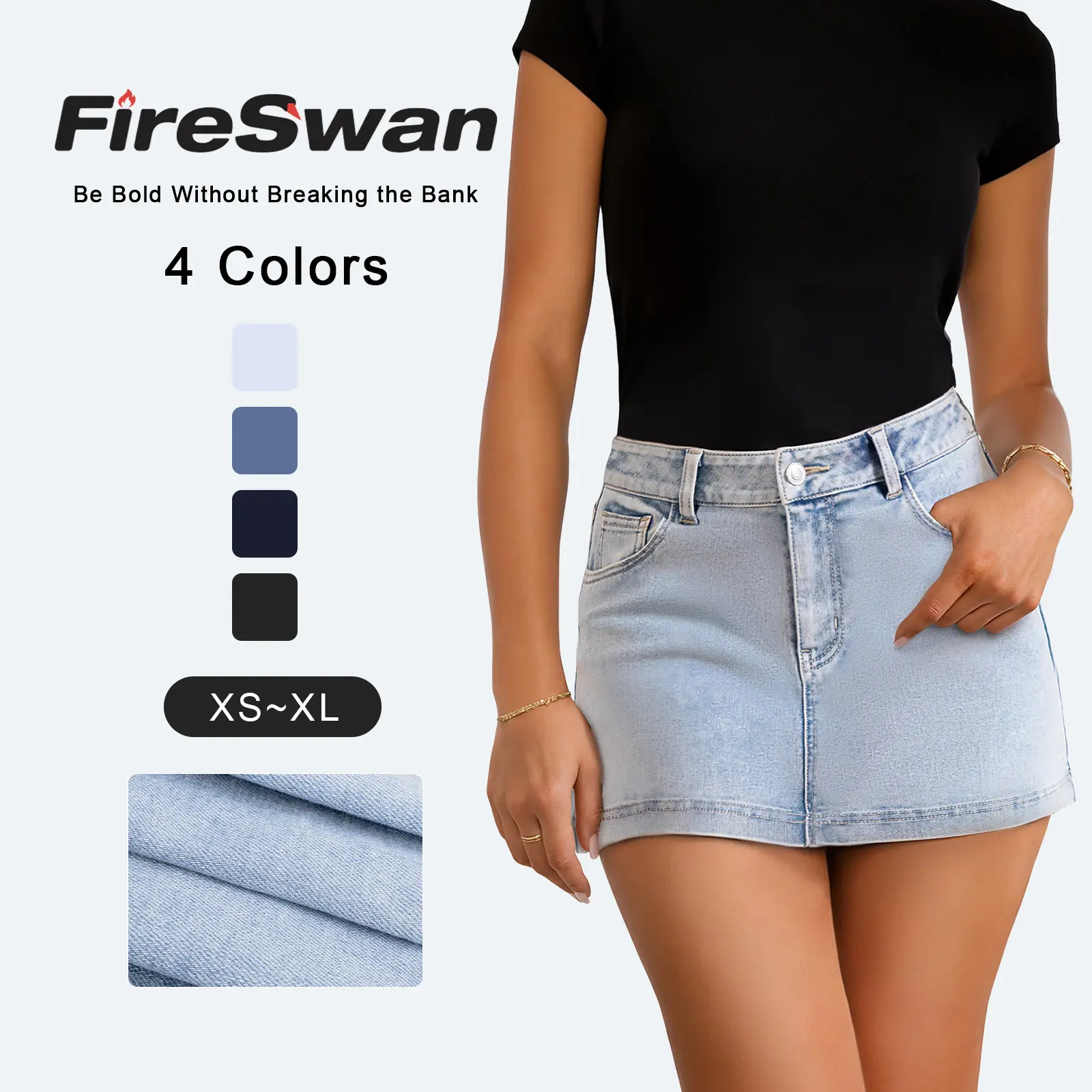 FireSwan Women's Skorts: Denim Mini Casual Oversized Skirt, High-Waisted Jean Shorts, Stretchy Fabric