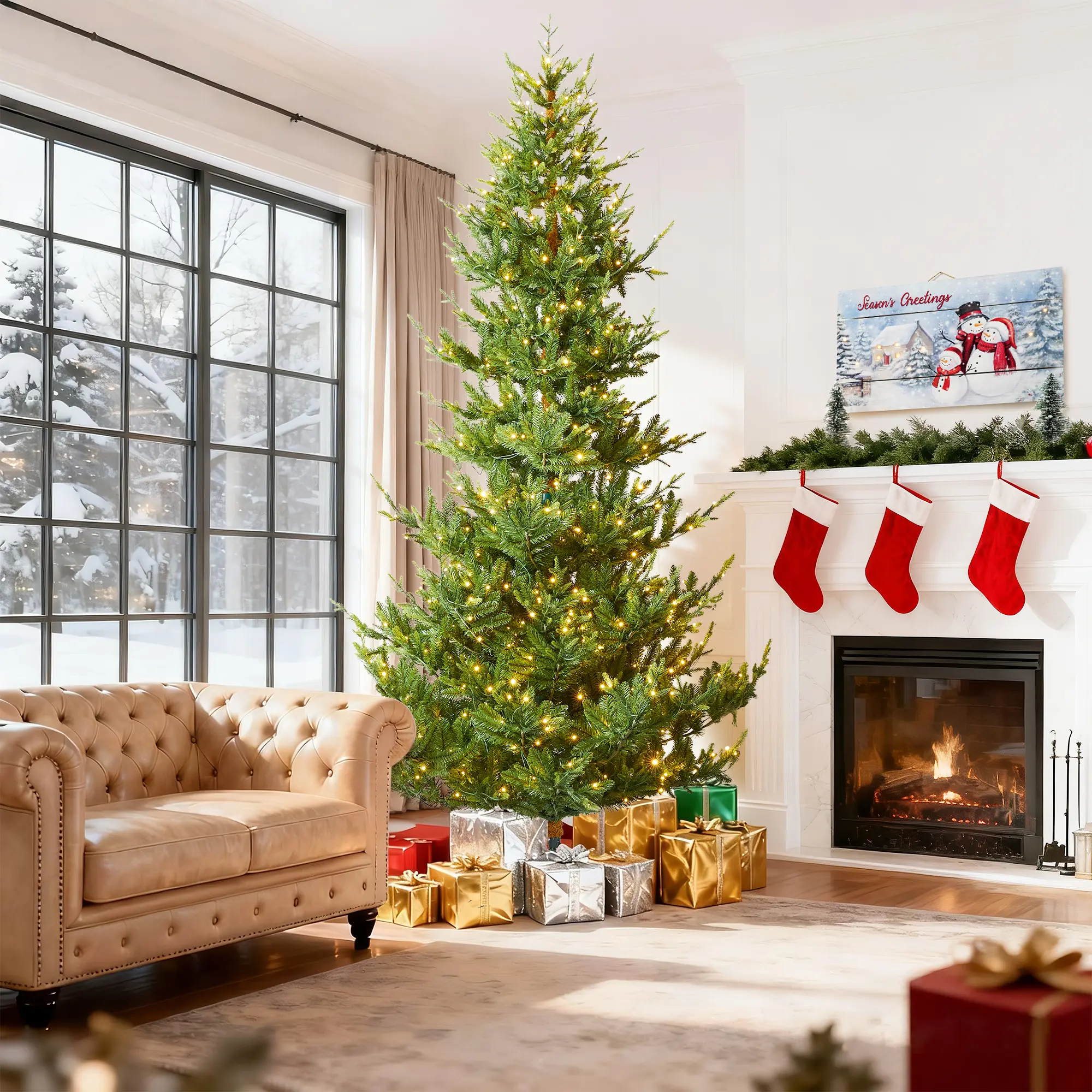 Glitzhome 7.5ft/9ft Pre-Lit Green Upward Slim Fir Artificial Christmas Tree with Warm White and Multi-color LED lights, 9 funciton w/ Foot Pedal and Remote Control