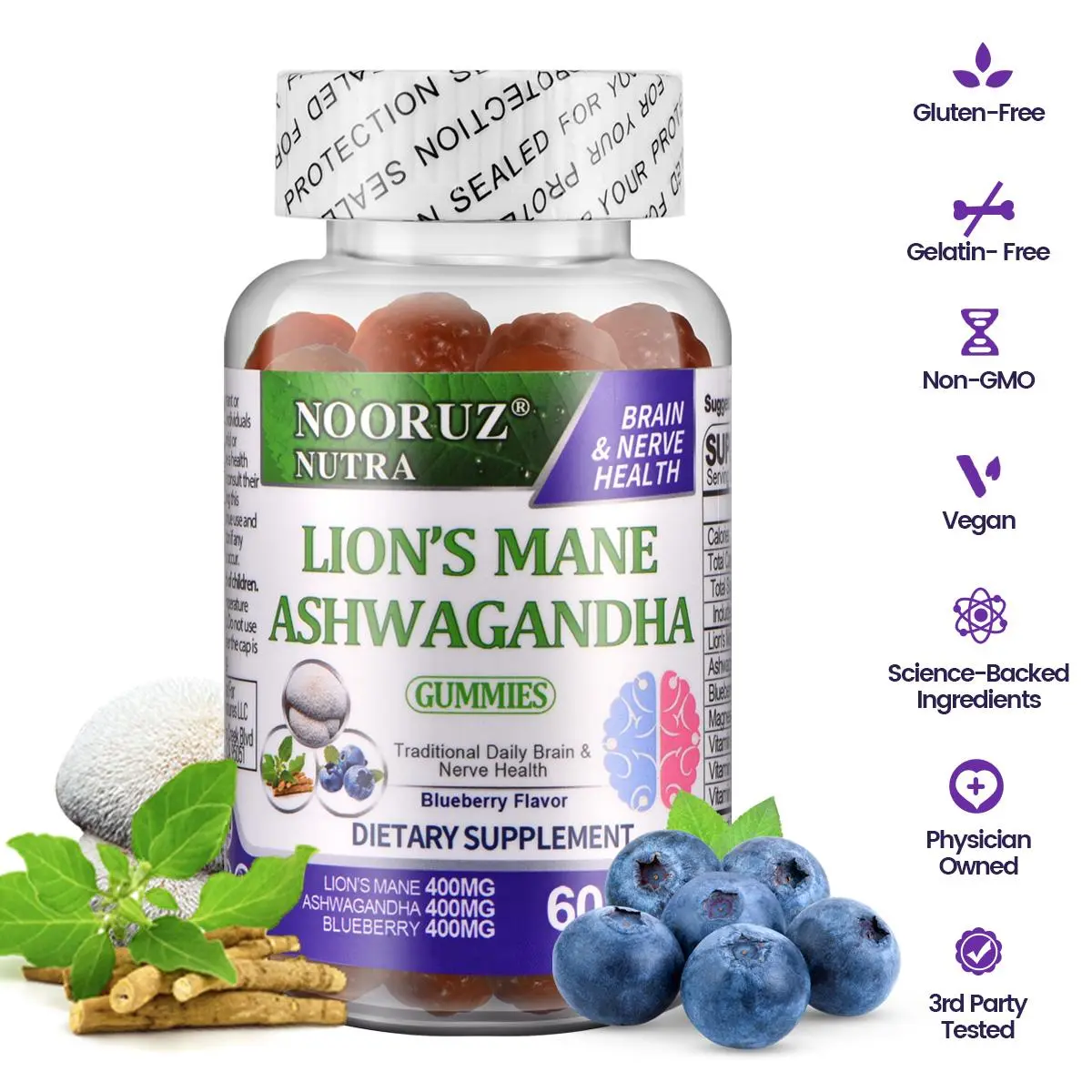 TikTokShopBlackFriday  NOORUZ Lion's Mane Ashwagandha Gummies with Magnesium - Supports Brain Health, Memory, and Sleep - Improves Brain Fog, 4-in-1 Formula for Men and Women, 60 Gummies, Blueberry Flavor Dietary Antioxidants