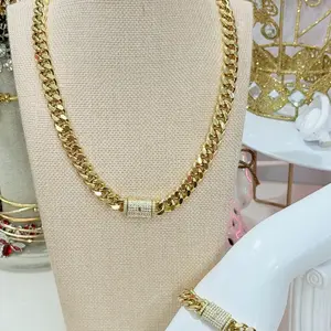 MÓNACO SET - 14k Gold plated Cuban Chain Necklace & Bracelet Set with Rhinestone Accents for Men and Women Chain 20” bracelet 8”