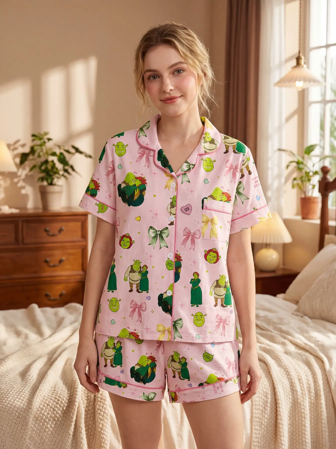 Women's Shrek Sleepwear Set, Soft Lightweight Pajamas, Pjs, Comfortable Casual, Nightwear Sleepwear, Loungewear & Sleeping Wear, Cute Geometric Pattern Print, All Seasons Fitted