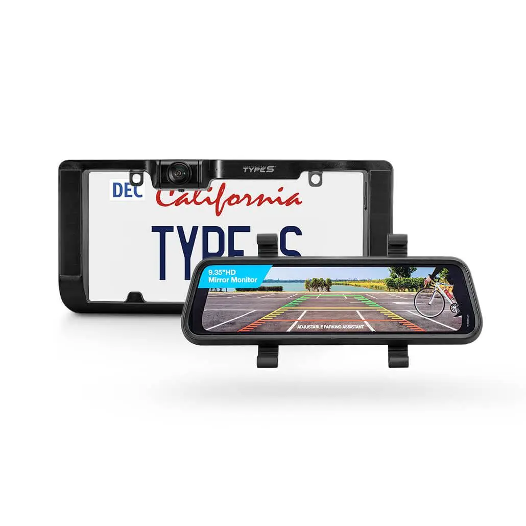 TYPE S Solar-Powered Portable License Plate Frame Car Backup Camera with HD Monitor Built into Rear-View Mirror, Adjustable Lens, Increased Battery Capacity & Smart Wireless Button Control, Mirror Backup Camera