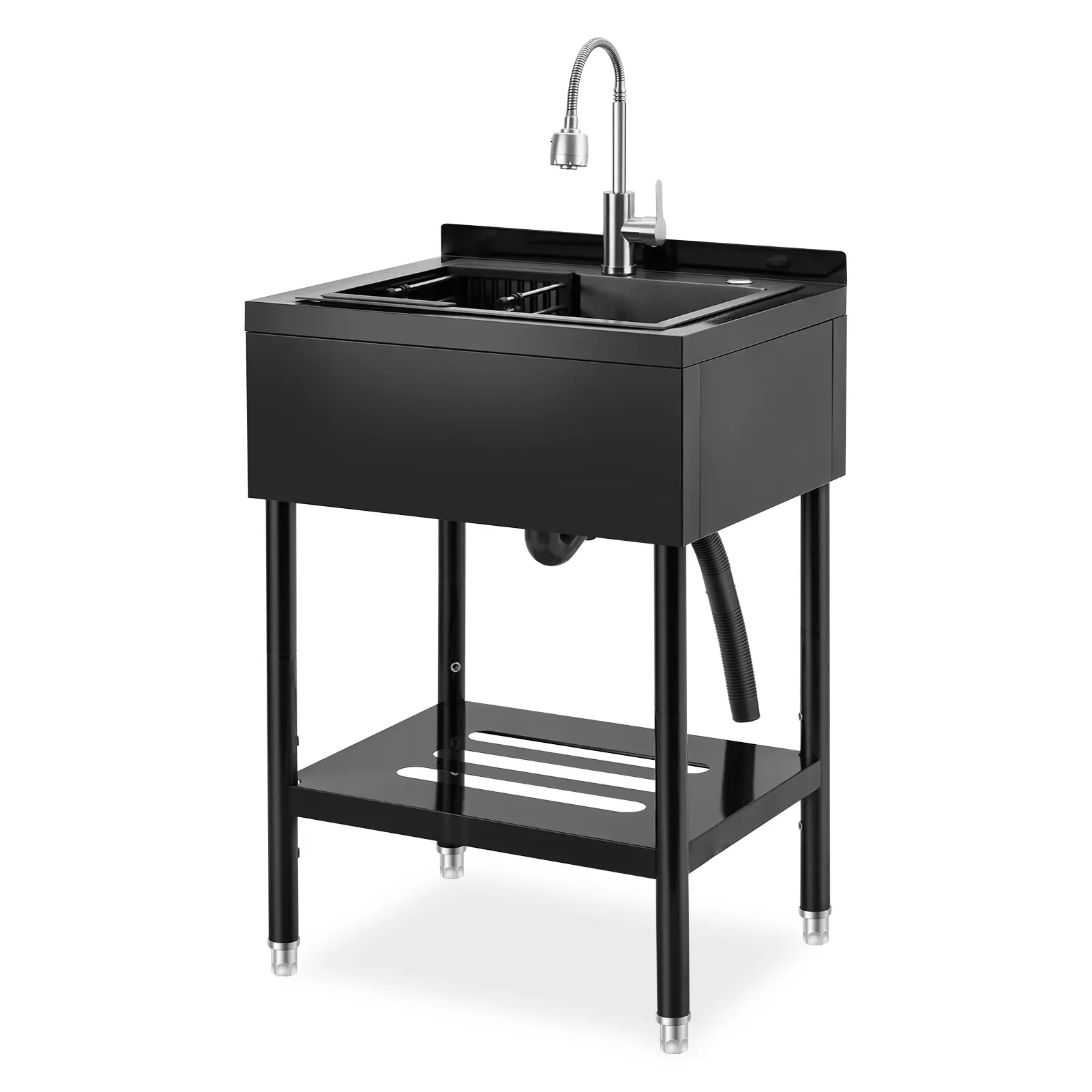 Freestanding Stainless Steel Utility basin, 20x20 Inch Single Basin, 360° Swivel Faucet, 5 Hooks, Adjustable Legs, 2-Inch Backsplash – For Outdoor, Laundry, Kitchen, Garage, Compact Spaces
