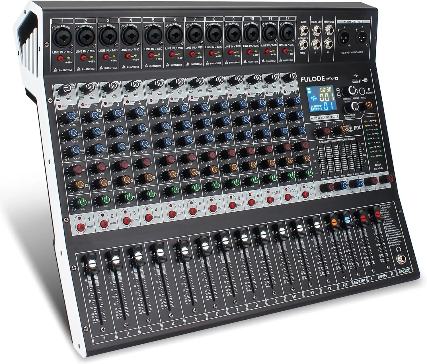 12-Channel Professional Audio Mixer Kit - Digital USB Streaming Mixer with Adjustable Echo Delay, 48V Phantom Power, Plug-In Compatibility, 3ft Bluetooth Range, Mobile Connectivity, Display for Podcast, Karaoke (Musical Instrument)