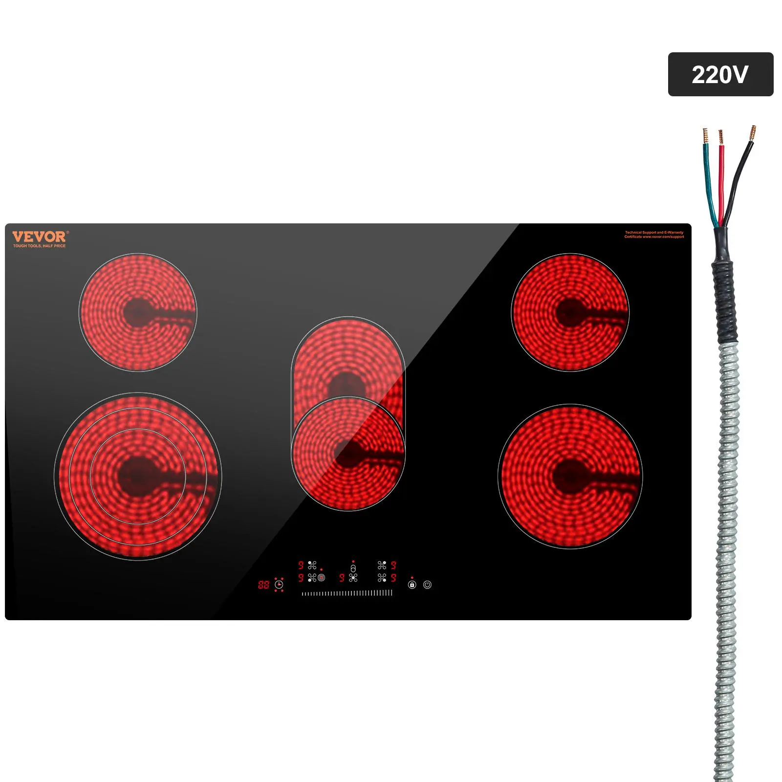 【summerfinds】VEVOR 36-in 5-Burner Built-in Electric Cooktop, 8600W Ceramic Radiant Glass Panel Stove Top with Touch Control, Timer, Child Lock, 9 Heat Levels, 220-240V Hardwired (No Plug), Multifunctional Kitchen Father's Day Gift
