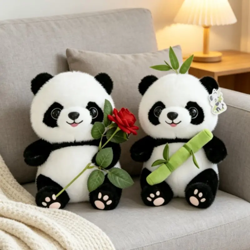 Cute Panda Plush Toy Holding Rose and Bamboo, Ideal Soft Huggable Cuddly Gift for Kids and Panda Lovers, Soft Adorable Stuffed Animal for Home Decor and Valentine's Day, Stuffed Animal Gifts