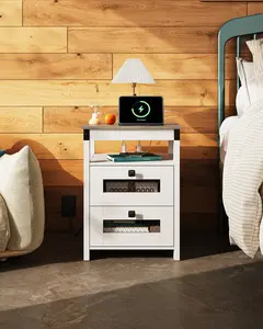 WLIVE Nightstand with Charging Station, Farmhouse End Table, Bed Side Table with 2 Storage Drawers and Open Shelf, Wood Rustic Nightstands for Bedroom