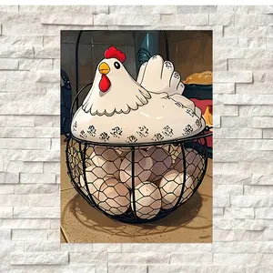 1pc 2D Flat Animal Motif Canvas Print - Modern Farmhouse Art with Cute Hen & Eggs Basket, Multi-Size Wood Frame, Minimalist Country Decor for Kitchen & Café